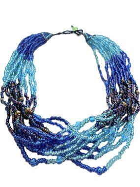 Multi-Strand Blue Ombre Seed Bead Statement Necklace A beautiful, handcrafted